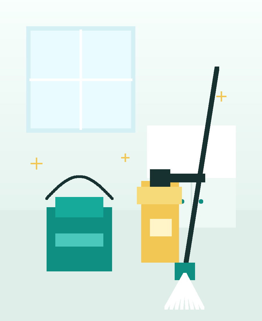 Clean bright room with cleaning supplies